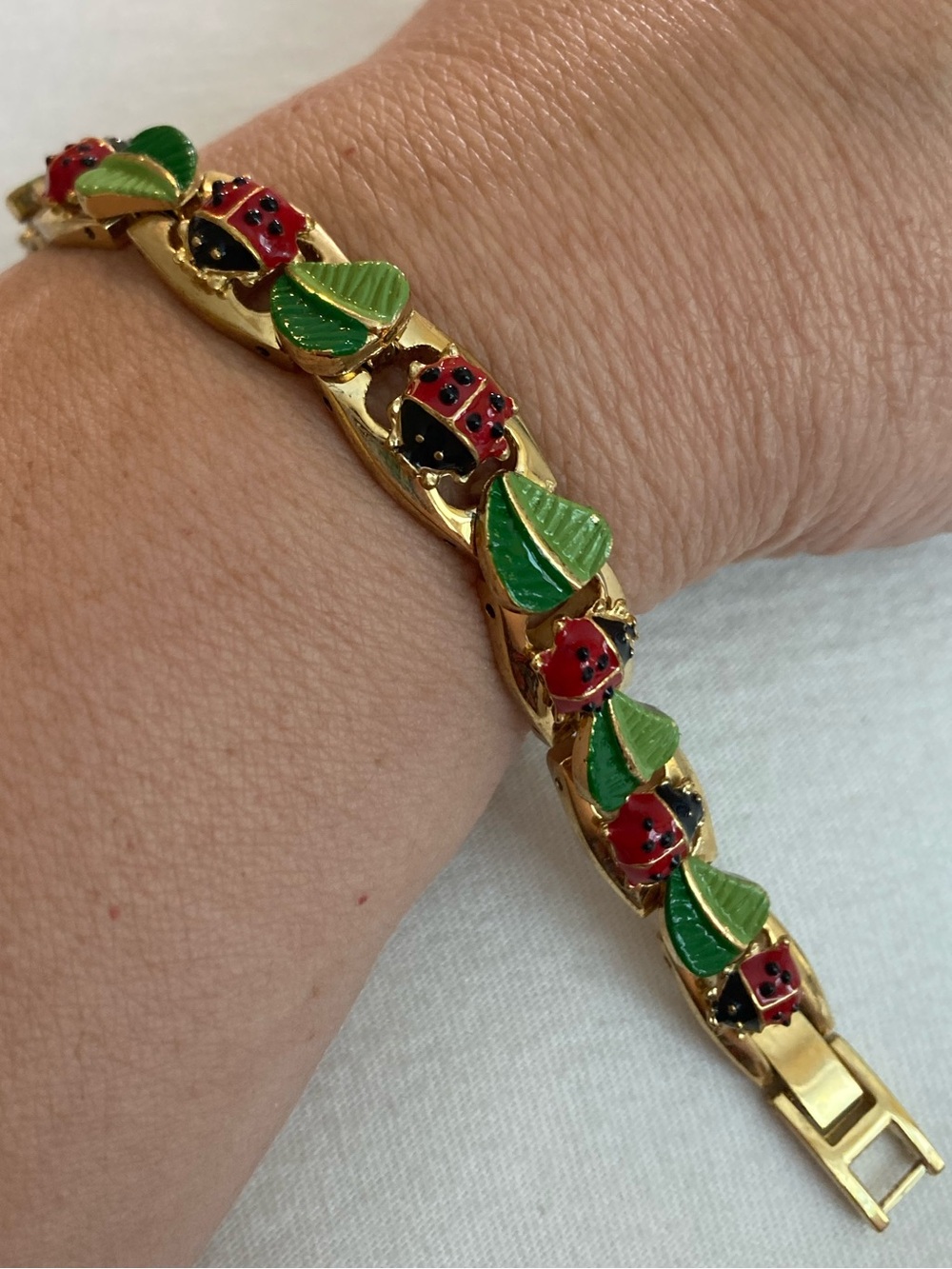Red Ladybugs & Green Leaves Panel Gold Tone Bracelet